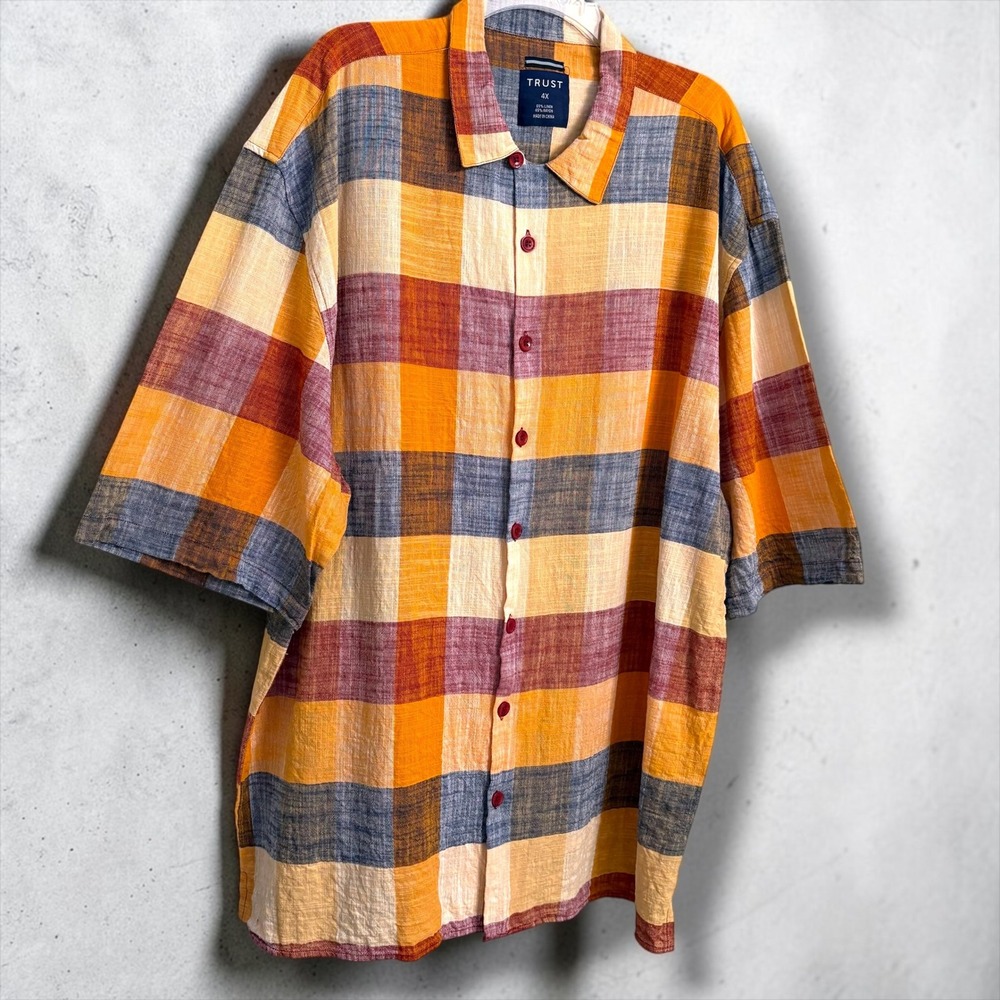 Trust Mens 4X Short Sleeve Linen Blend Plaid Button Down Shirt Orange Yellow